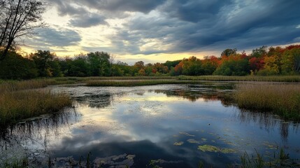 Fototapeta premium Serene Landscape of a Natural Reserve with Reflections in Calm Water and Dramatic Clouds at Dusk