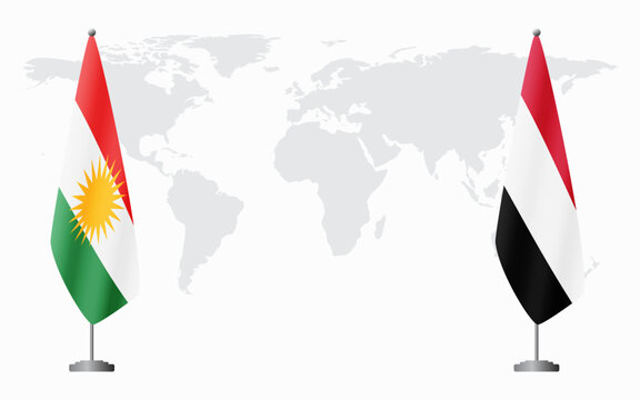 Kurdistan and Yemen flags for official meeting against background of world map.