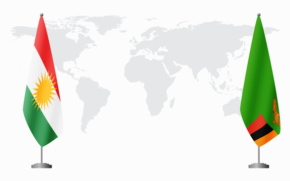 Kurdistan and Zambia flags for official meeting against background of world map.