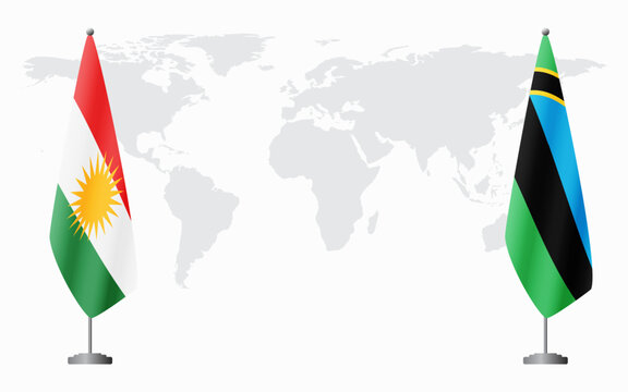 Kurdistan and Zanzibar flags for official meeting against background of world map.