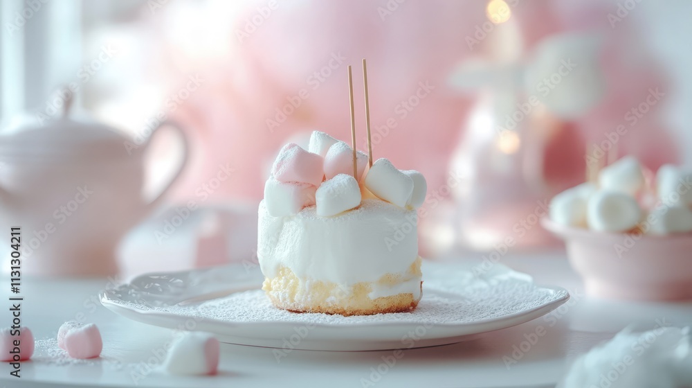 Poster marshmallow dessert on a delicate plate with toothpicks and soft pastel background creating a dreamy