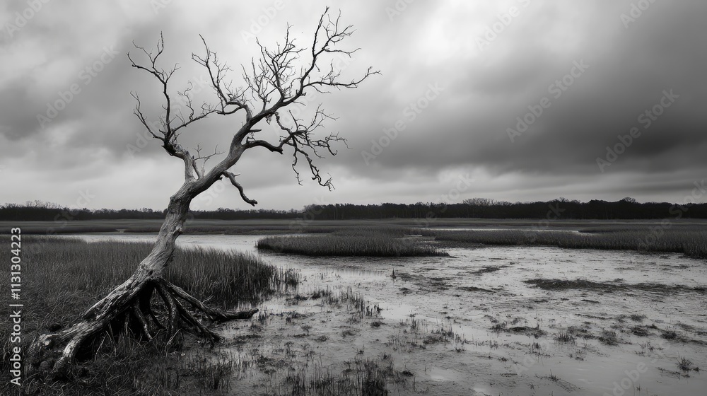 Poster lonely tree silhouette in a tranquil marsh landscape under an overcast sky capturing the beauty of n