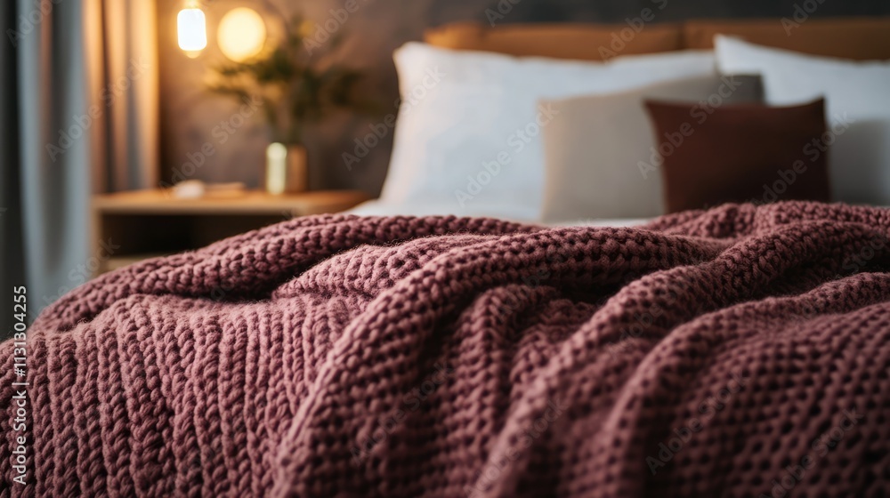 Aufkleber cozy bedroom featuring a marsala color knitted blanket draped over a bed creating a warm and invitin