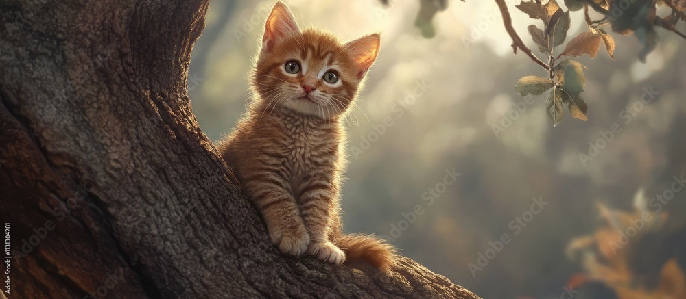 Aufkleber adorable ginger kitten resting on a tree branch in soft natural light with a dreamy background ambia