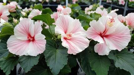 Hibiscus flowers with white petals featuring pink tints and double blooms in a lush green setting.