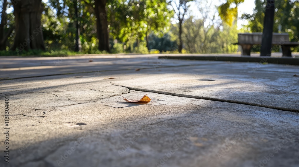 Poster Leaf imprint on textured concrete surface in tranquil park setting with sunlit trees and serene atmosphere