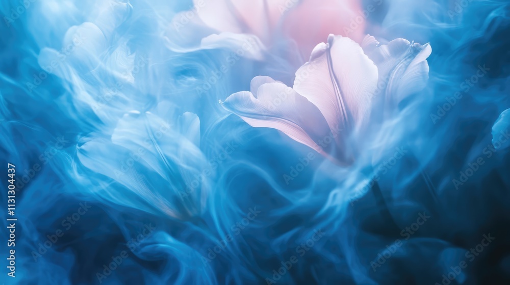 Aufkleber dreamy blurred abstract background featuring soft tulip petals surrounded by ethereal blue and pink 