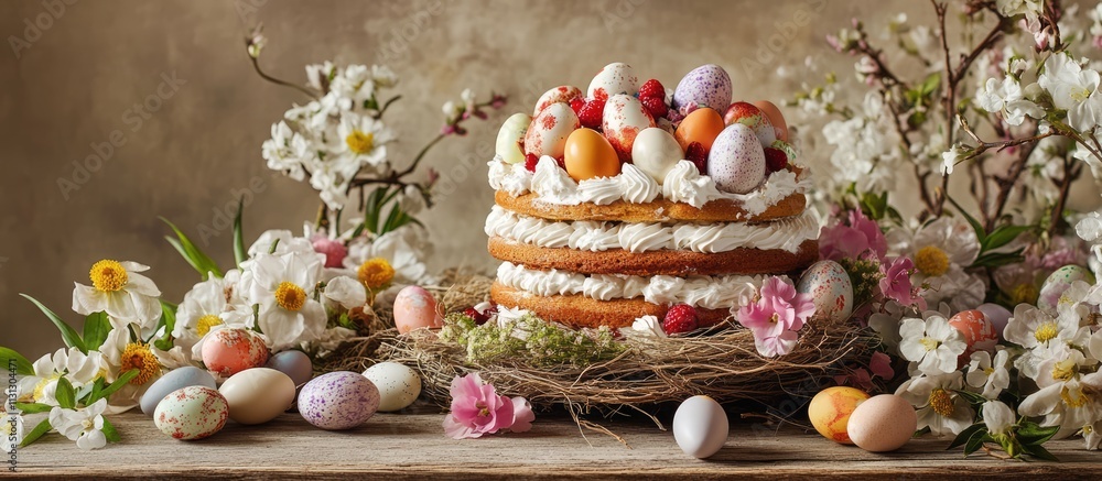 Poster easter celebration with festive cakes and meringue sweets surrounded by flowers and painted eggs on 