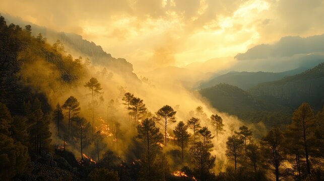 Catastrophic forest fire in a mountainous pine forest during a heat wave with smoke and flames engulfing the landscape and vegetation