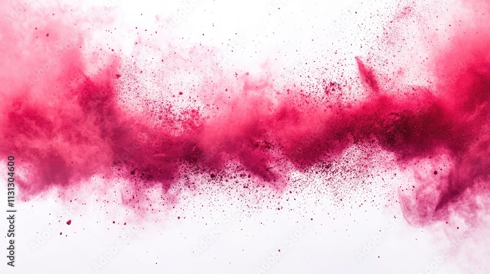 Poster vibrant red powder explosion creating dynamic dust patterns against a clean white background for art