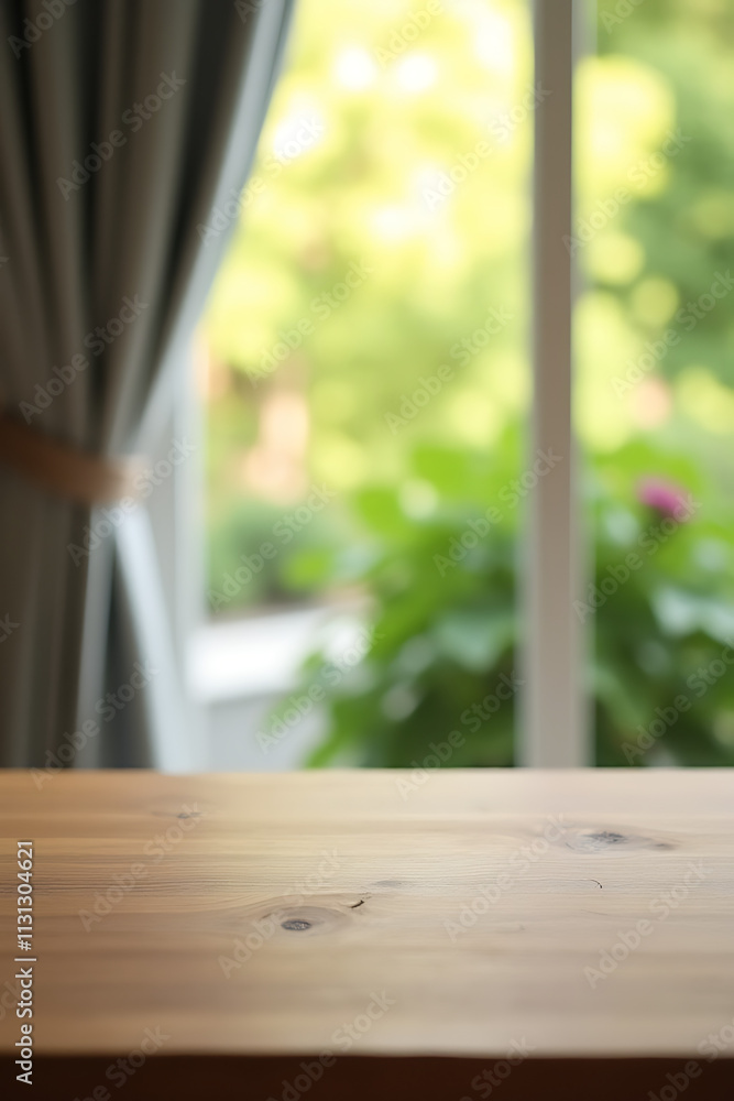 Leinwandbilder a wood table top is selectively focused while a blurred curtain, window, and garden background creat