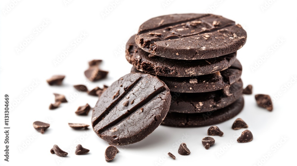 Poster stack of dark chocolate chip cookies with crumbs on white background showcasing delicious homemade d
