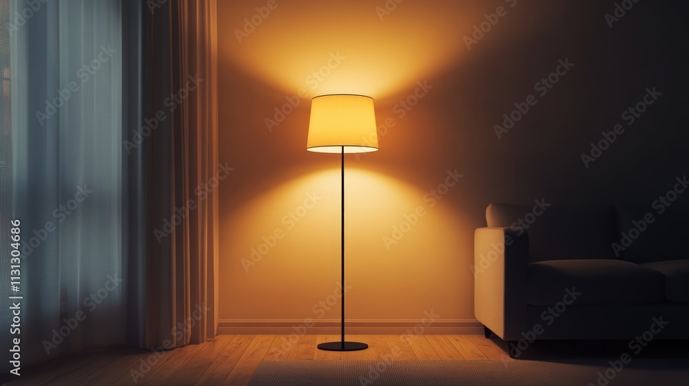 Aufkleber modern floor lamp illuminated in a cozy living room setting creating warm ambient light with a styli