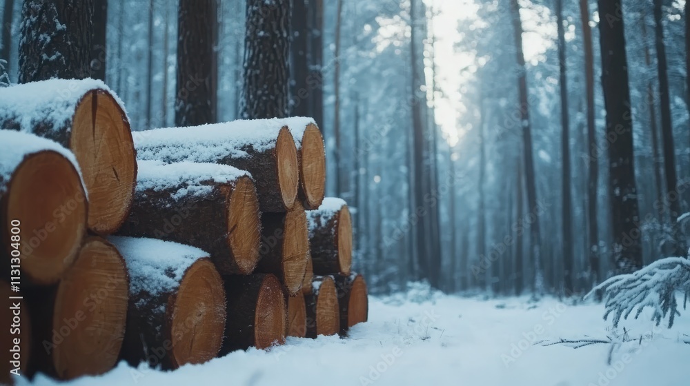 Poster illegal logging in winter forest with snow-covered pine logs stacked in serene woodland setting