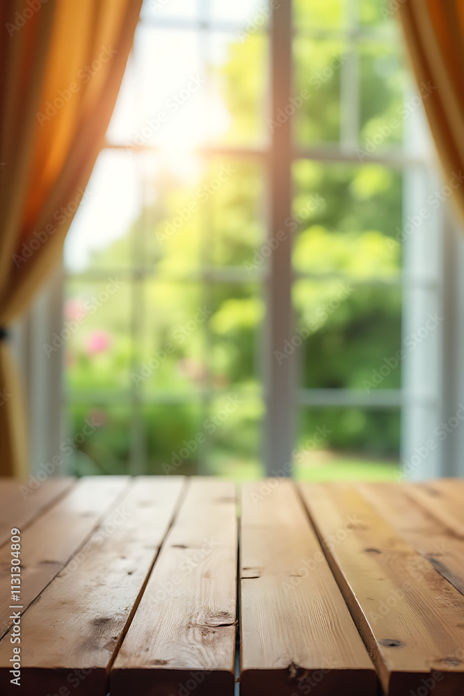 Leinwandbilder a wood table top is selectively focused while a blurred curtain, window, and garden background creat