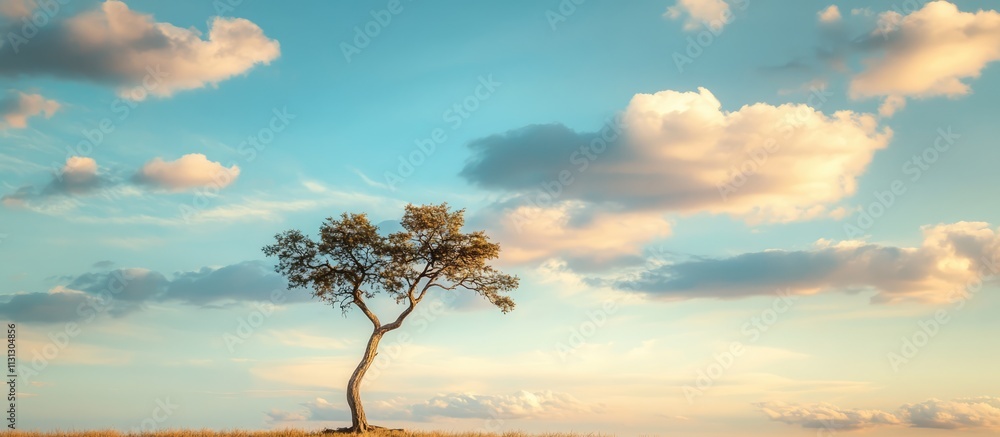 Poster solitary tree reaching for the sky with soft clouds in a serene background creating a peaceful and c