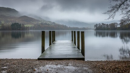 Serene misty morning at tranquil lake with wooden pier surrounded by mountains and reflective...