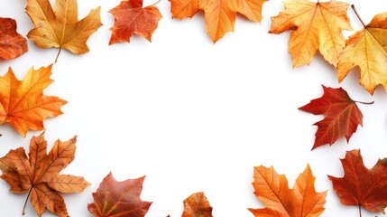 Fototapeta premium Autumn leaf wreath arrangement on a white background creating a natural and seasonal decorative frame for various design projects