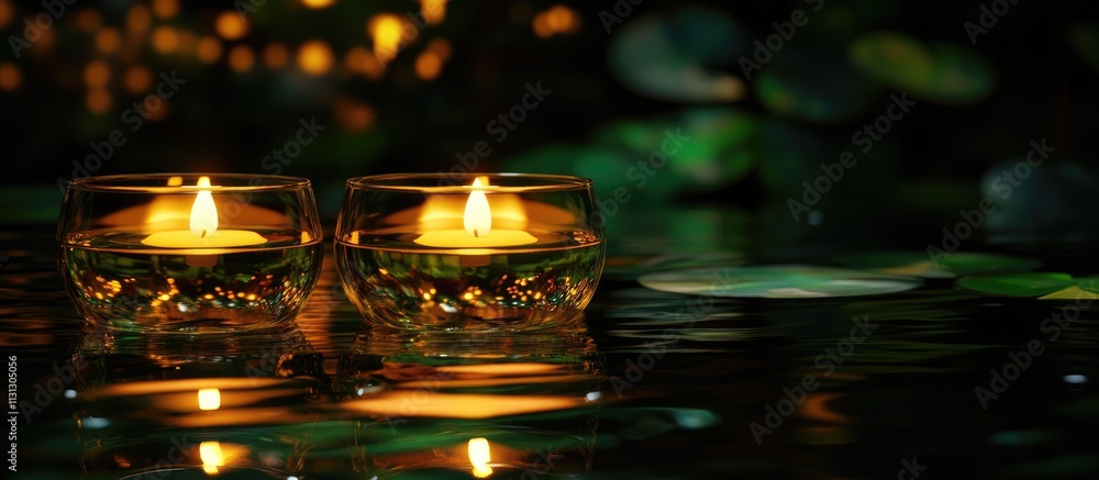 Aufkleber serene floating candlelights in glass bowls reflecting on water with a soft bokeh backdrop creating 