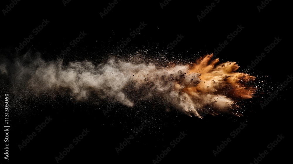 Poster colored dust explosion in motion creating vivid cloud patterns against a black background for dynami