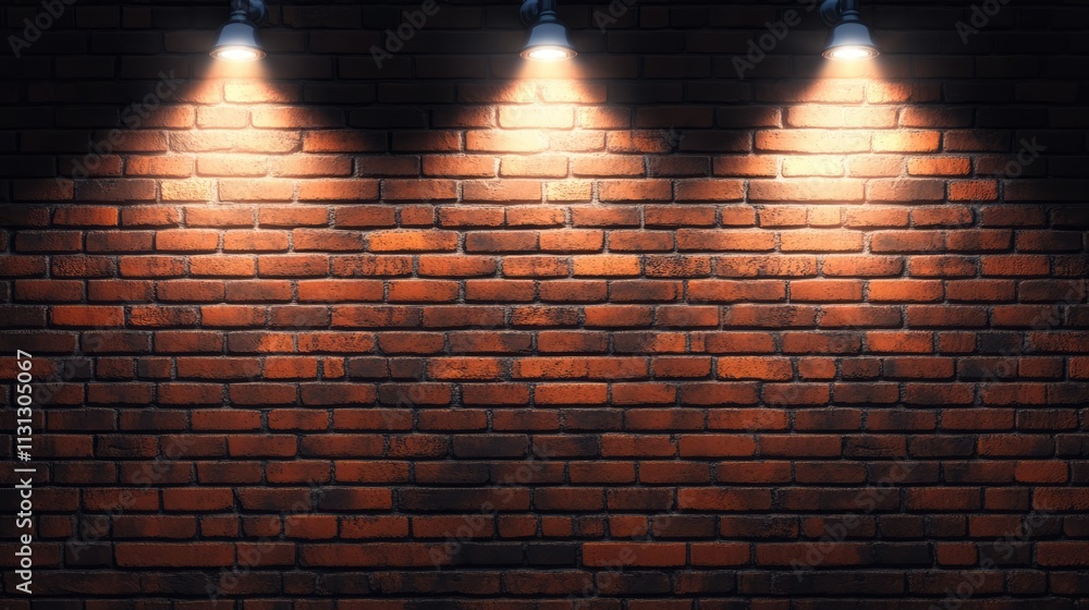 Poster red brick wall illuminated by spotlights showcasing a textured surface ideal for backgrounds and art