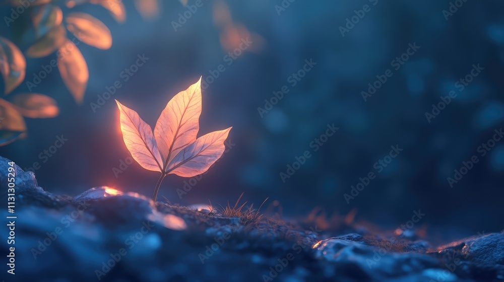 Poster illuminated leaf in serene natural setting showcasing light effects and vibrant colors in a tranquil