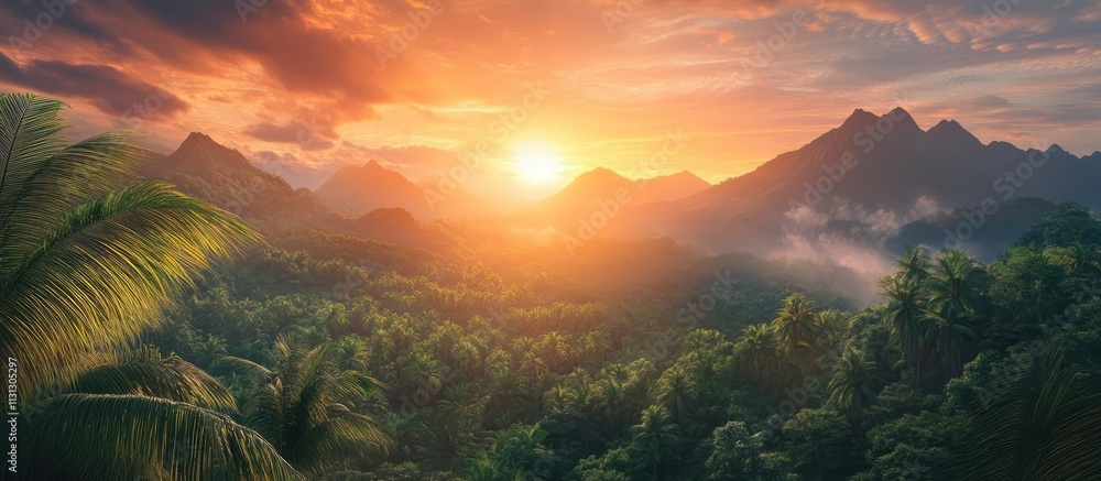 Poster breathtaking sunset illuminating a lush jungle landscape with majestic mountains in the background c