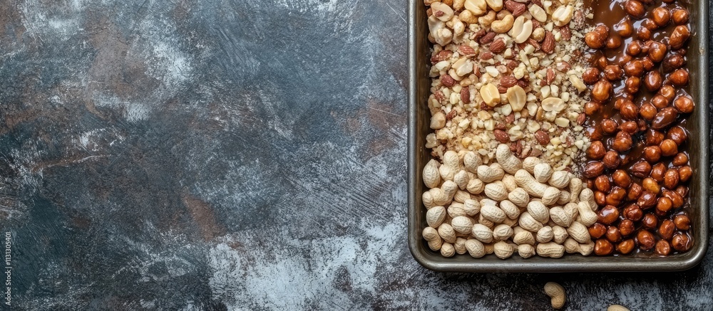 Aufkleber gourmet ice cream with caramel fried peanuts and hazelnuts in a metallic tray on rustic background d
