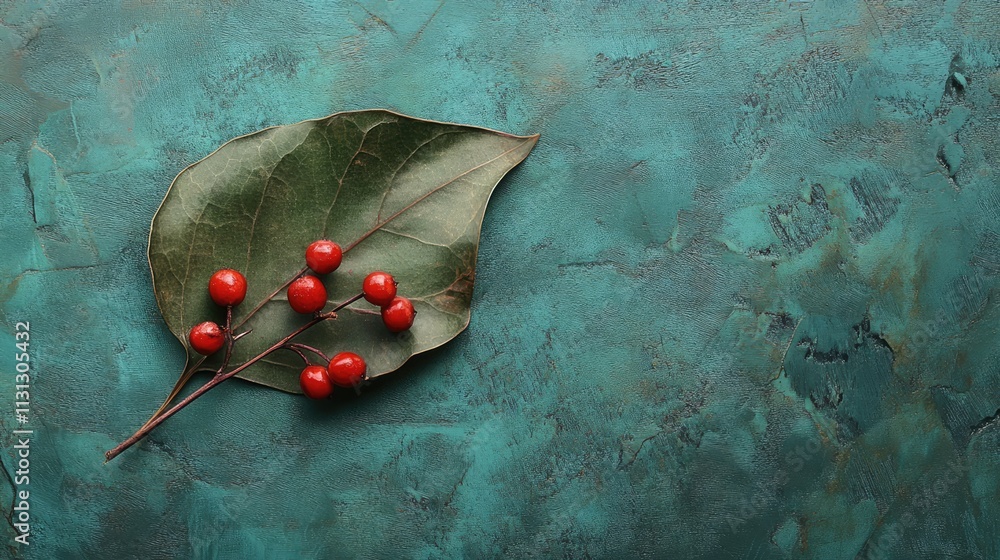 Poster leaf with red berries on a textured teal background creating a vibrant nature composition perfect fo
