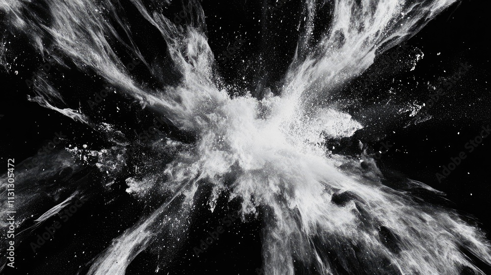 Poster dynamic white dust explosion creating an artistic splash on a deep black background showcasing motio