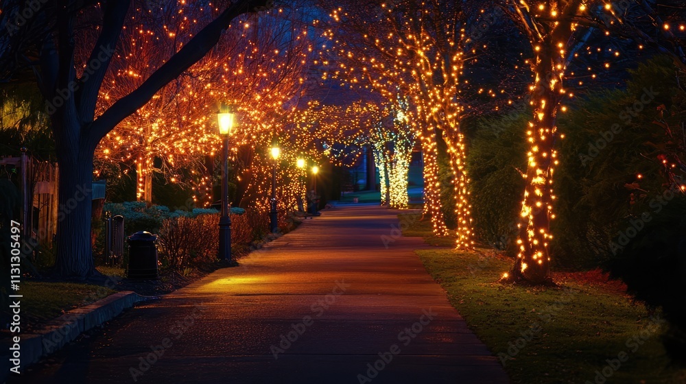Aufkleber Serene Night Walkway Adorned with Glowing String Lights and Lush Trees in a Tranquil Environment