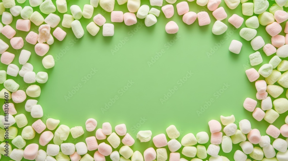 Aufkleber Colorful mini marshmallows arranged on a green background creating a vibrant texture with ample copyspace for creative designs