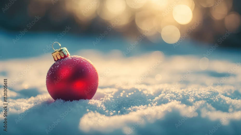 Poster christmas ornament red heart on snow with beautiful bokeh background warm tones shallow depth of fie