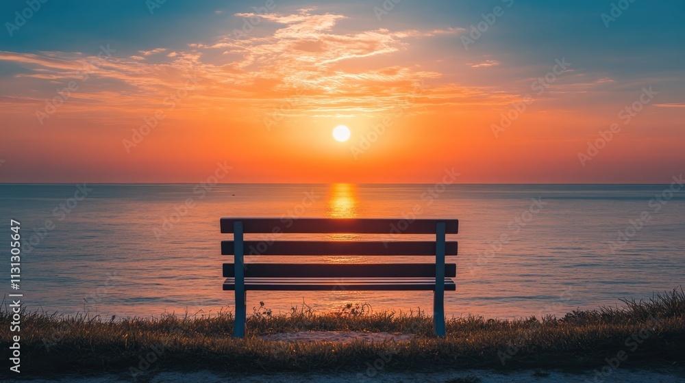 Poster serene sunset over calm waters with an inviting bench in the foreground offering a perfect spot for 