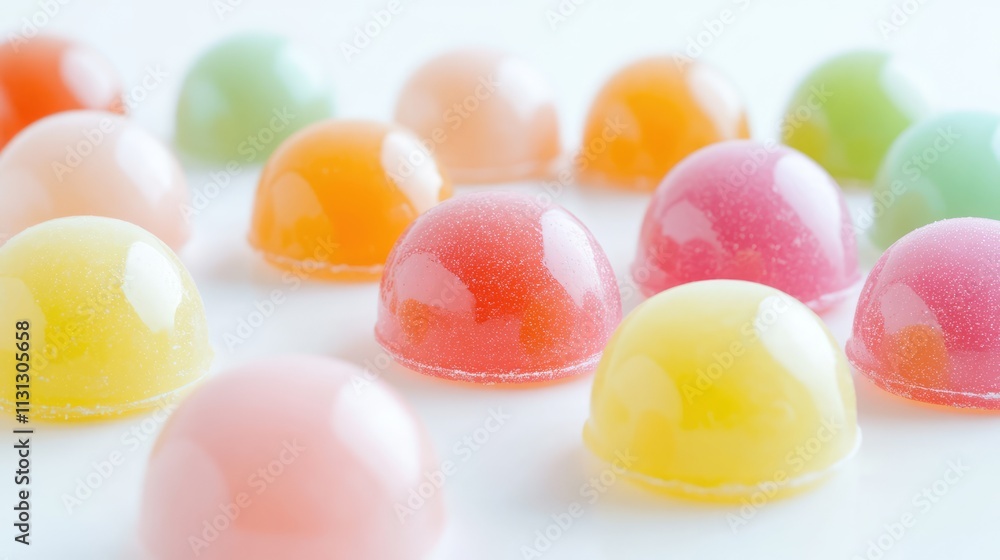 Poster colorful assorted marzipan candies displayed on a white background showcasing their glossy texture a
