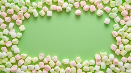 Colorful mini marshmallows arranged on a green background creating a vibrant texture with ample copyspace for creative designs