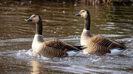 Obraz premium Geese swimming gracefully in a tranquil pond showcasing natural behavior and serene water reflections.
