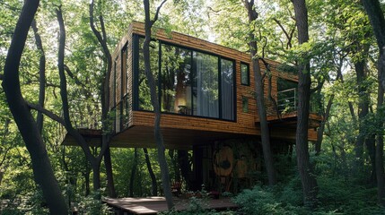 Modern treehouse design surrounded by lush greenery and trees in a tranquil forest setting showcasing innovation and nature harmony.