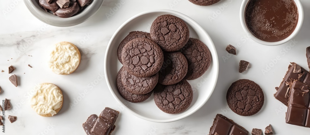 Aufkleber flat lay of assorted cookies chocolate chunks and cocoa in bowls on a bright white table setting for