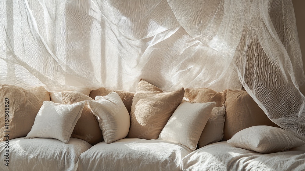 Poster Cozy couch adorned with an array of plush pillows and a soft, flowing veil for a serene, inviting atmosphere.