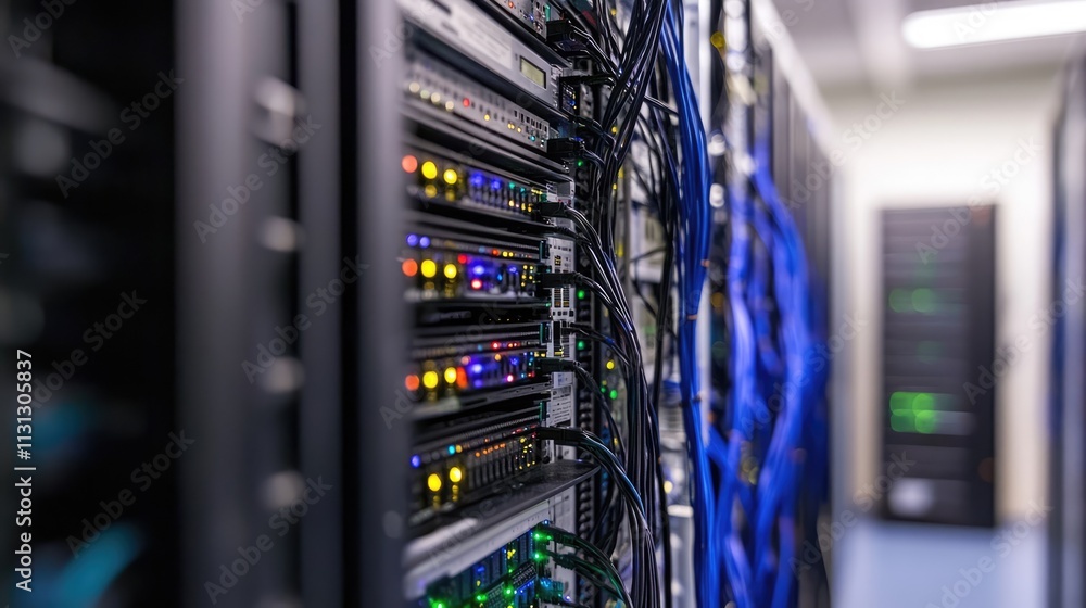 Poster data center with network cables connecting servers illustrating technology and global connectivity i