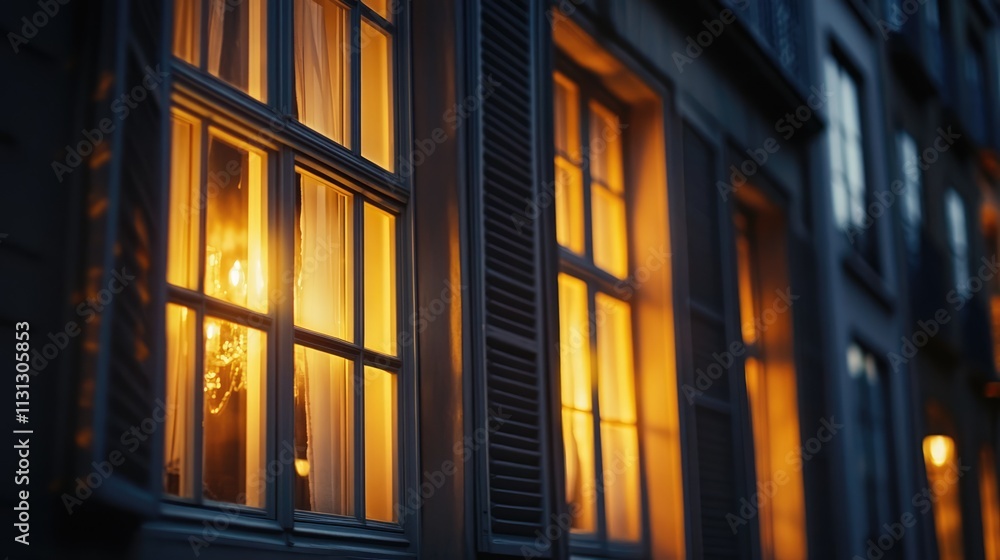 Poster evening glow of residential building windows creating a warm atmosphere in a defocused photographic 