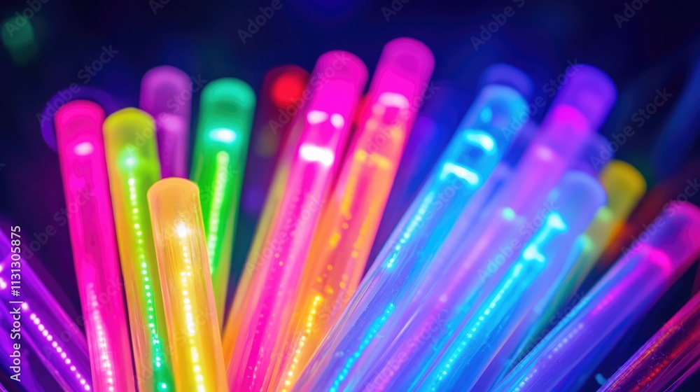 Poster neon glow sticks in vibrant colors illuminated against a dark background creating a dynamic and colo