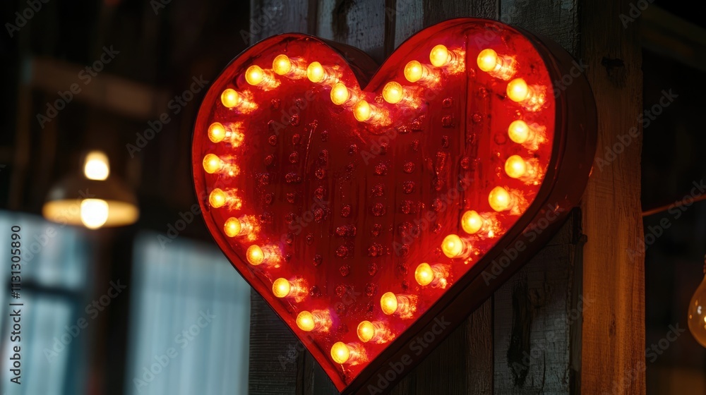 Poster vintage illuminated heart sign with glowing bulbs creating a romantic atmosphere in rustic decor set