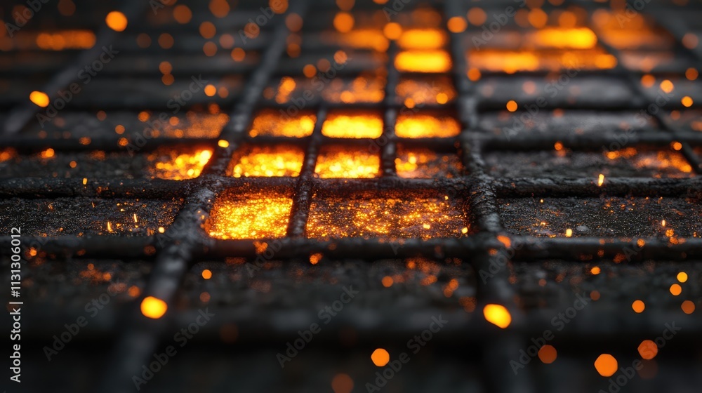 Poster illuminated hot embers glowing beneath a metallic grid surface with sparkling particles in a dark en