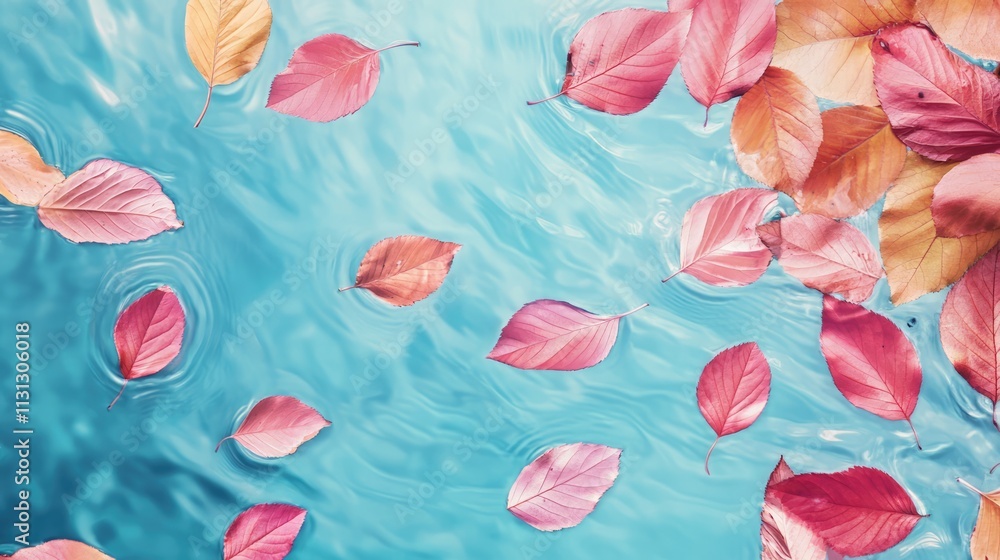 Poster floating autumn leaves on tranquil water surface creating a serene and colorful background ideal for