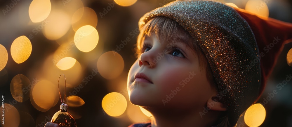 Poster child in elf hat admiring festive tree decorations with warm bokeh background capturing the magic of