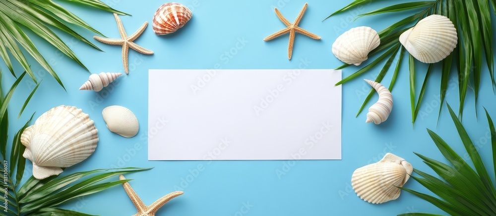 Poster tropical summer flat lay with palm leaves, shells, and starfish on blue background featuring blank s