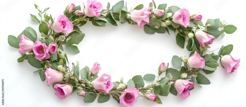 Poster wreath frame of pink roses and eucalyptus leaves on a white background creating a serene floral back