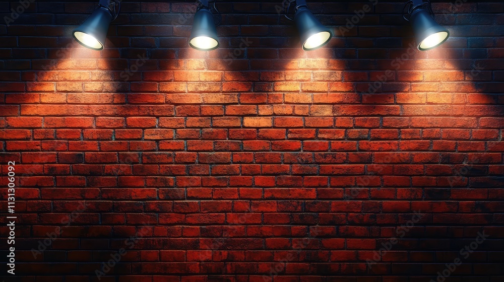 Poster Red brick wall illuminated by spotlights creating a vibrant and artistic atmosphere for backgrounds or design projects.